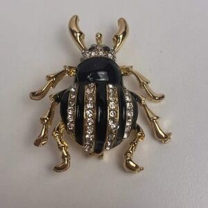 Black Enamel Rhinestone Beetle Brooch Gold Tone Insect Pin Statement Jewelry